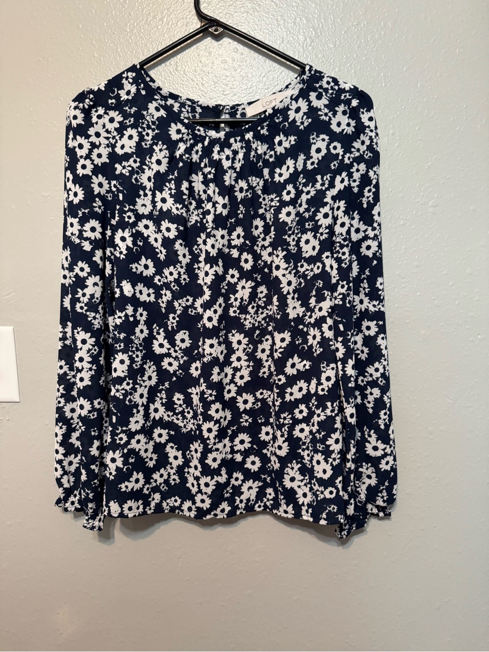 LOFT Navy and White Floral Long Sleeve Top